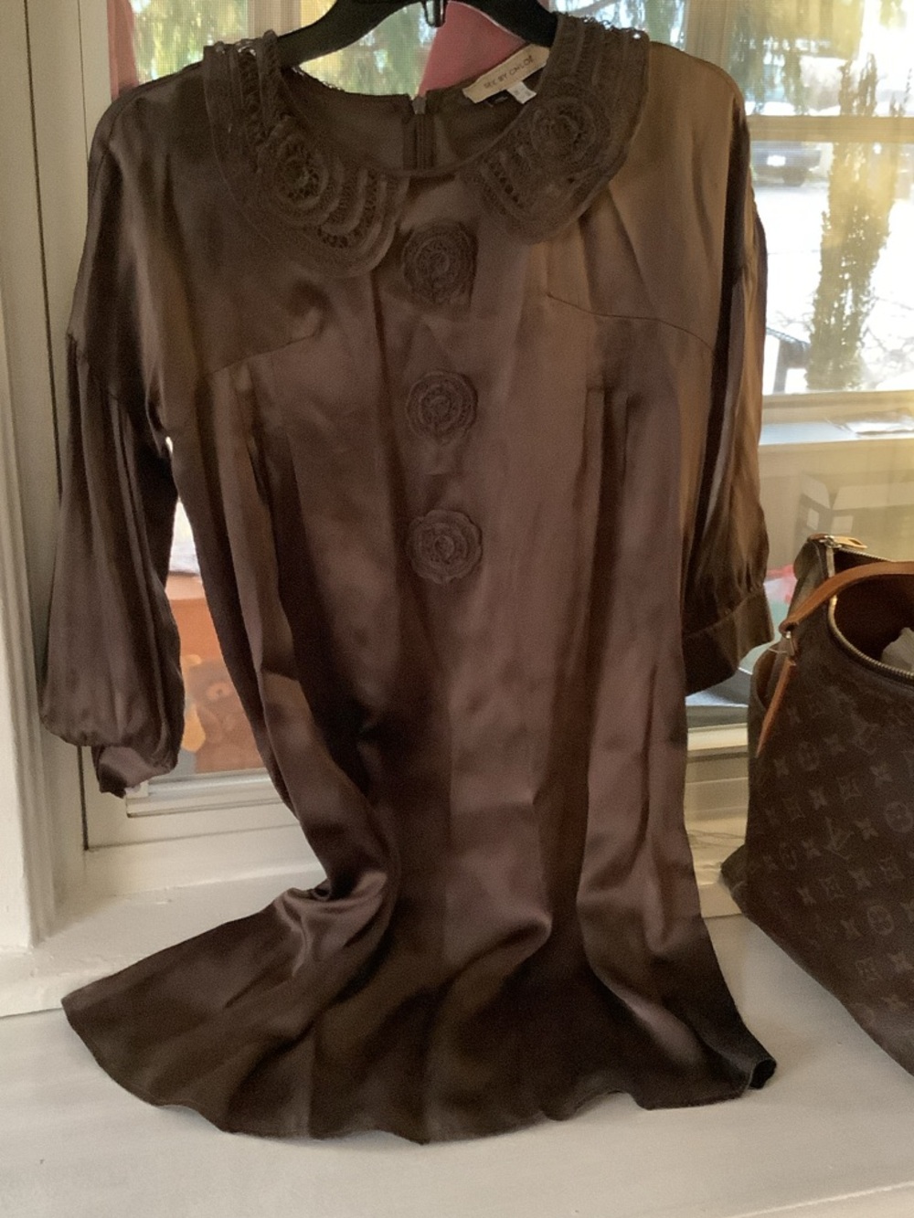 See By Chloe Taupe Lace-Collar Satin Top